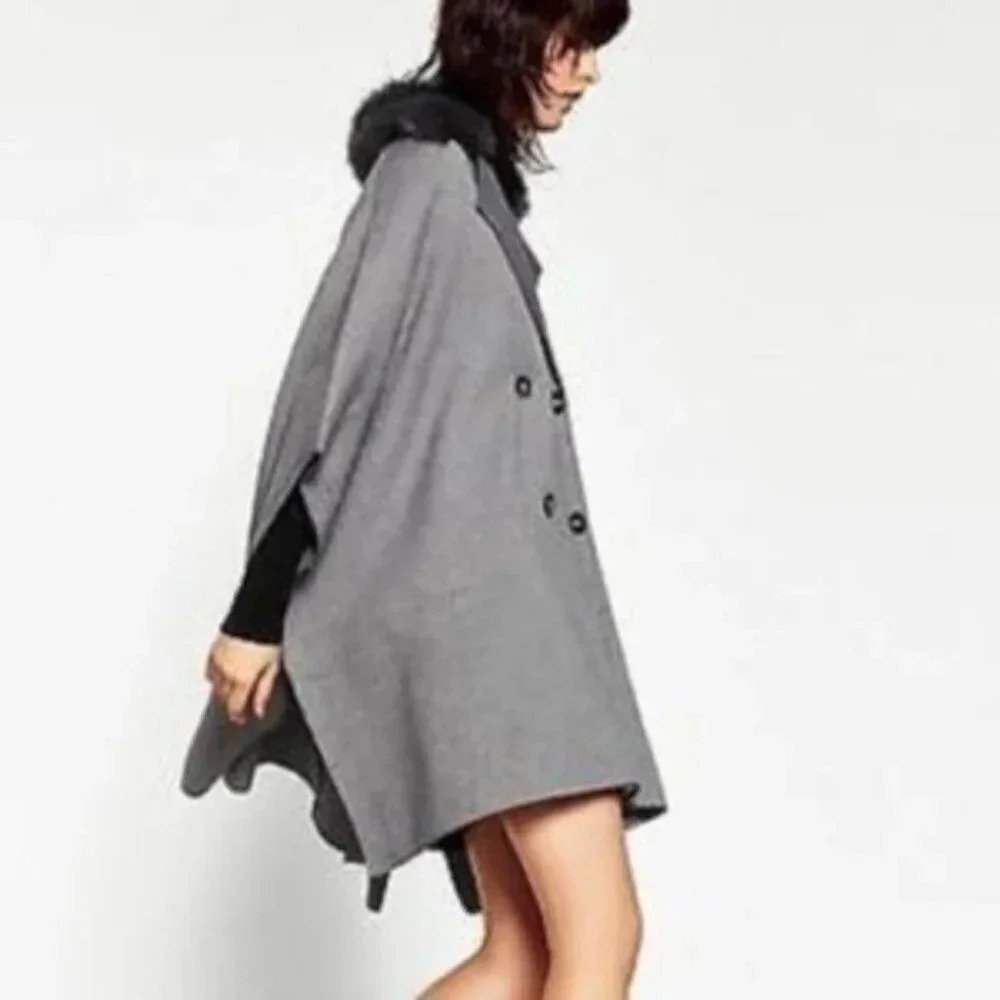 Zara Coat Jacket Fur Collar Knit Cape Poncho Faux Coat Jacket S - Picture 6 of 14